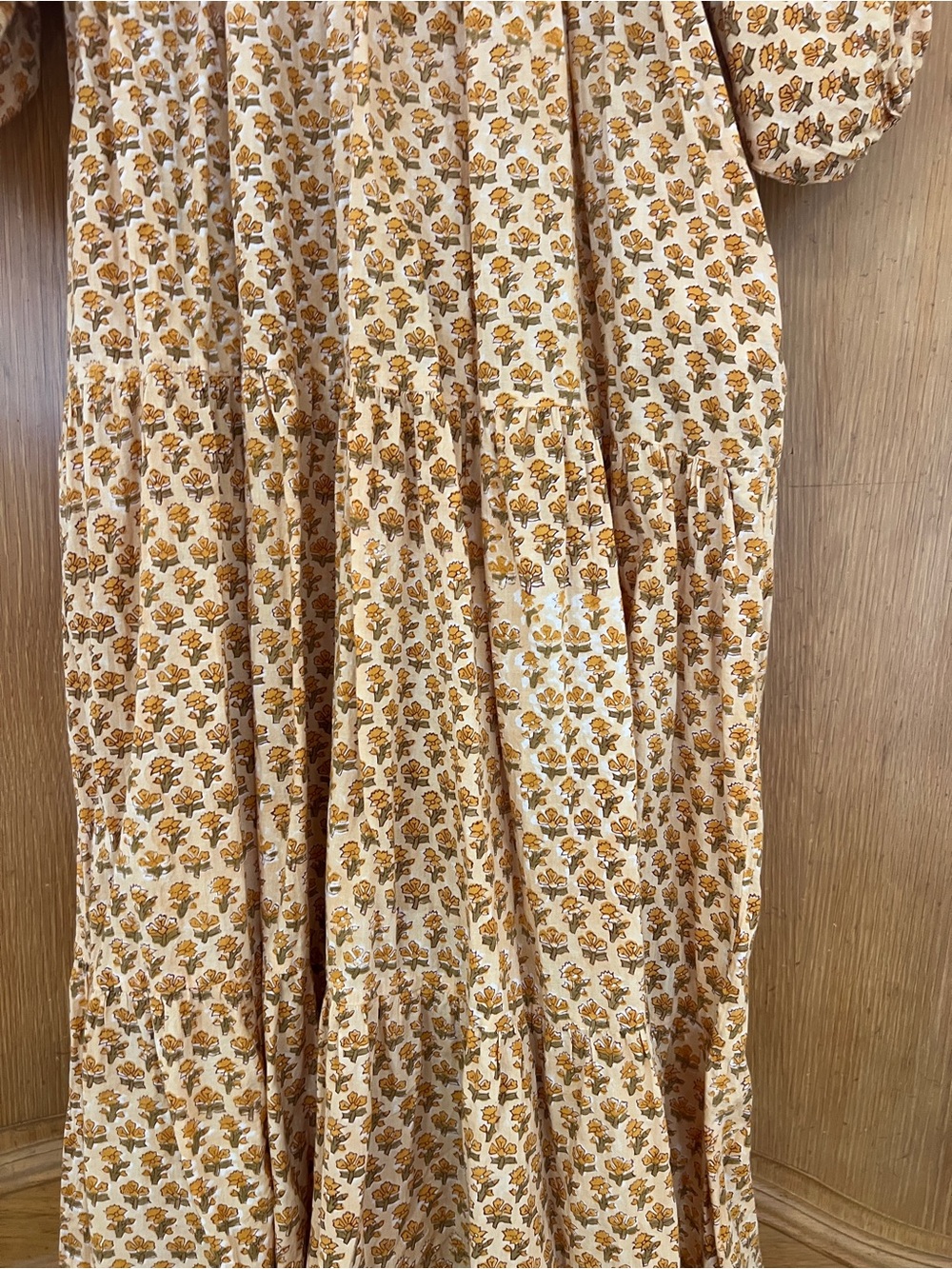 100% Cotton Hand Block Print Boho Floral Tiered Maxi Dress - Yellow - Picture 4 of 8